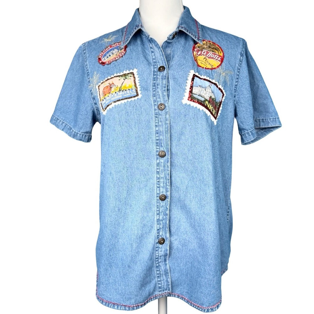 Y2K Denim Button Up Shirt Womens Large Travel Stamp Sequin Patch Top
